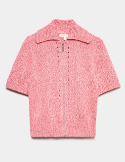 Pure Cotton Pointelle Polo Collar Zip Up Cardigan