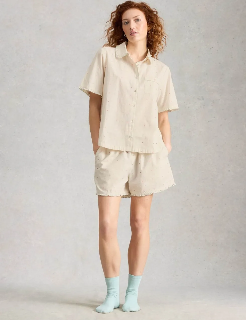 Pure Cotton Polka Dot Collared Pyjama Top