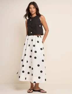 Pure Cotton Polka Dot Midi A-Line Skirt