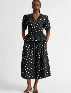 Pure Cotton Polka Dot Midi A-Line Skirt