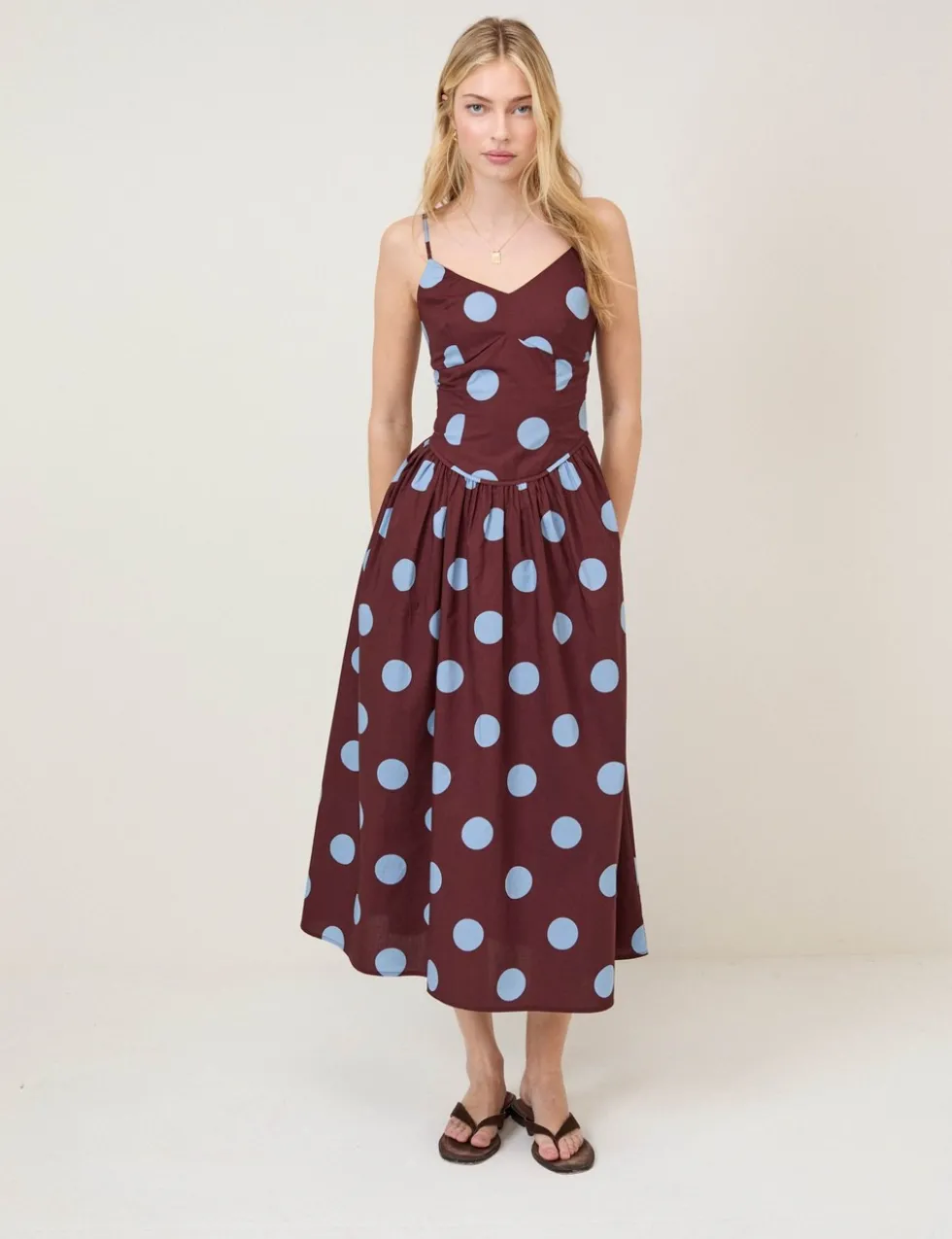Pure Cotton Polka Dot Strappy Midi Skater Dress