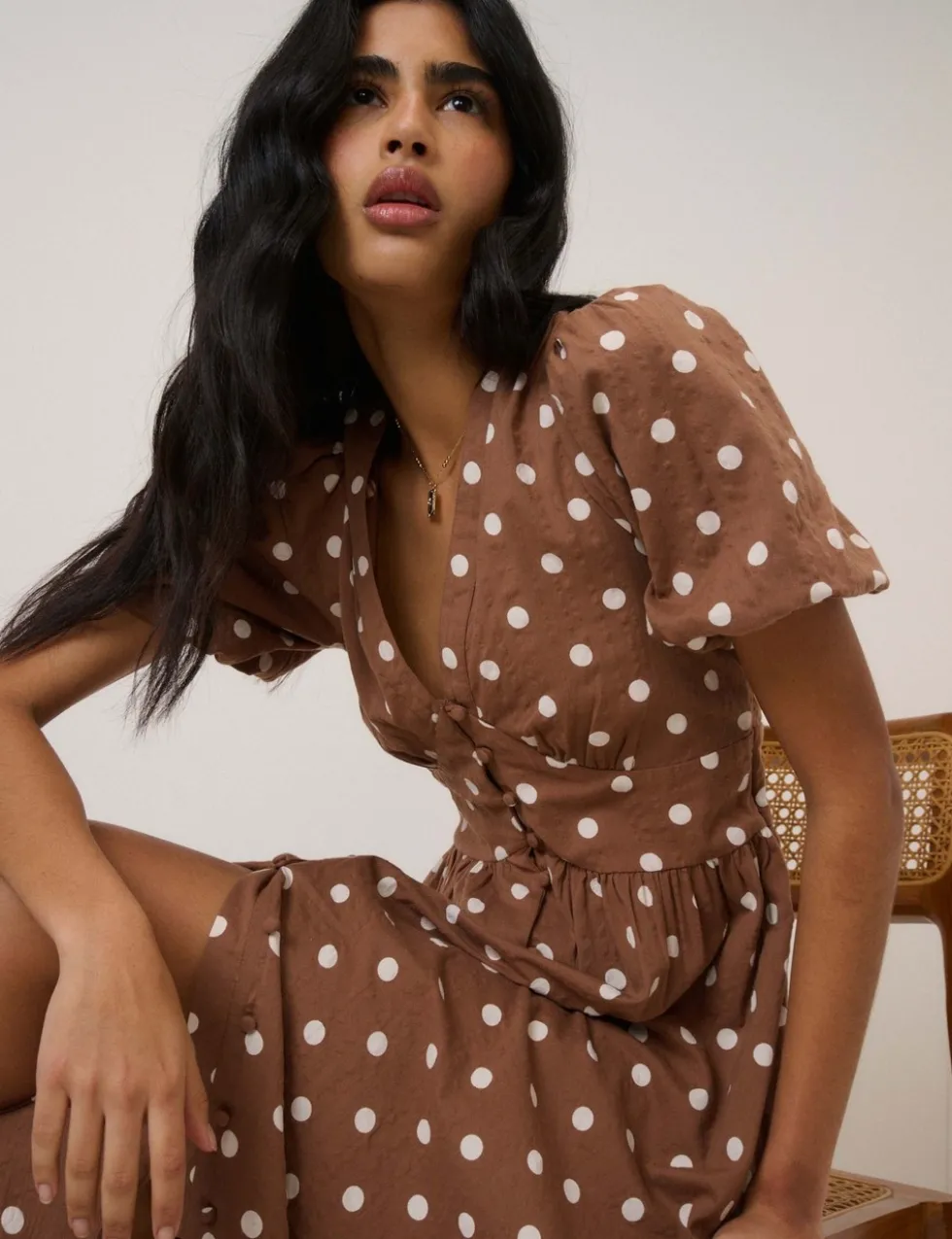 Pure Cotton Polka Dot V-Neck Waisted Dress