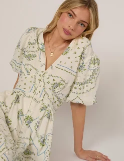 Pure Cotton Polka Dot V-Neck Waisted Dress