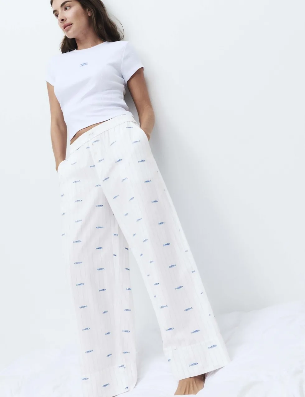 Pure Cotton Poplin Embroidered Pyjama Bottoms