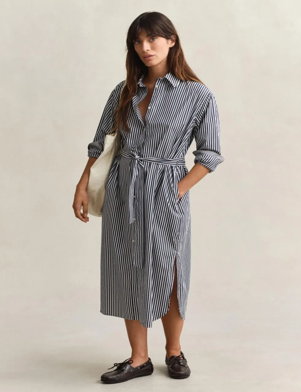 Pure Cotton Poplin Striped Midi Shirt Dress