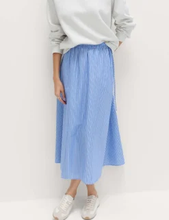 Pure Cotton Poplin Striped Pleated Midi Skirt