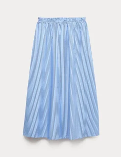 Pure Cotton Poplin Striped Pleated Midi Skirt