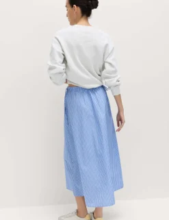 Pure Cotton Poplin Striped Pleated Midi Skirt