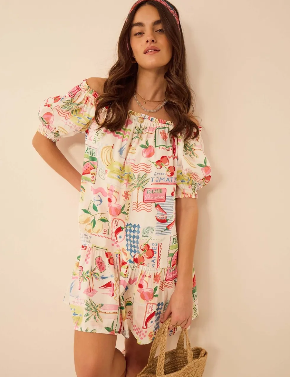 Pure Cotton Printed Bardot Mini Beach Dress