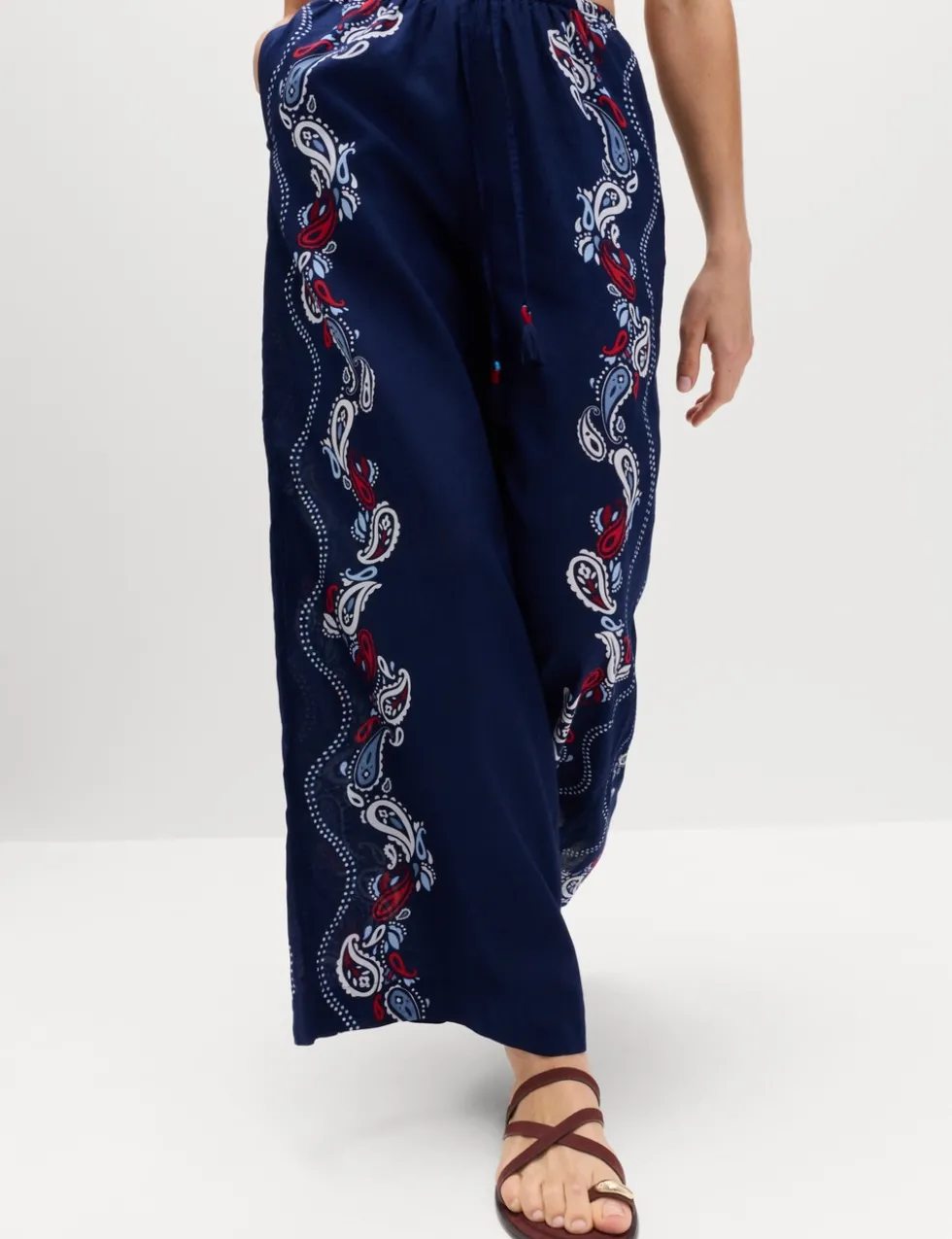 Pure Cotton Printed Drawstring Wide Leg Beach Trousers