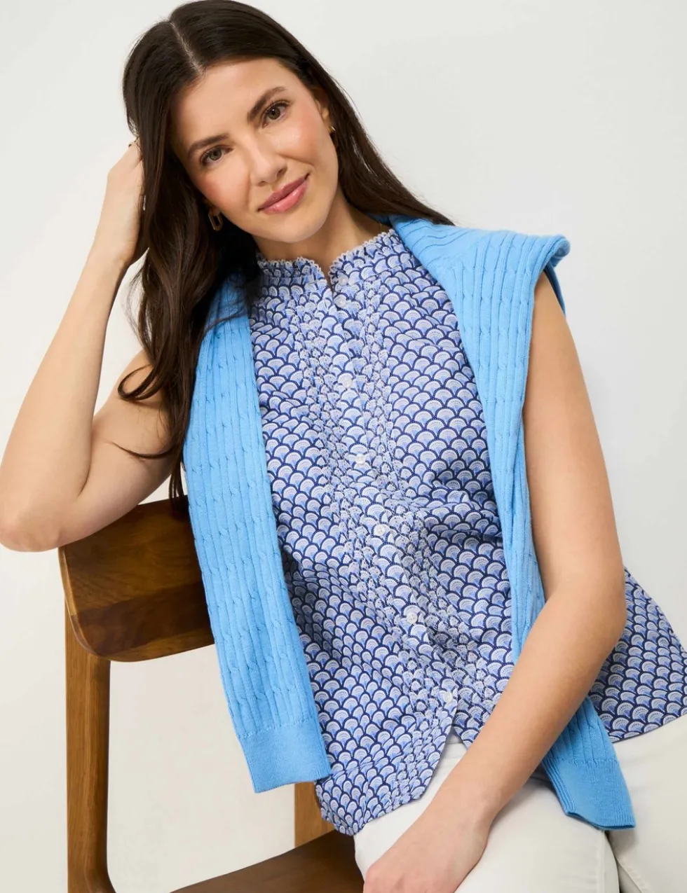 Pure Cotton Printed Frill Sleeve Blouse