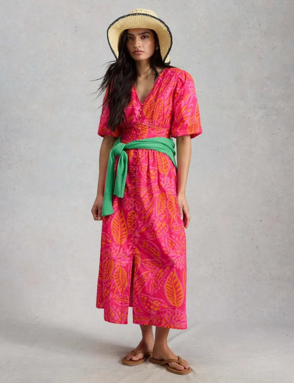 Pure Cotton Printed Midaxi Waisted Dress