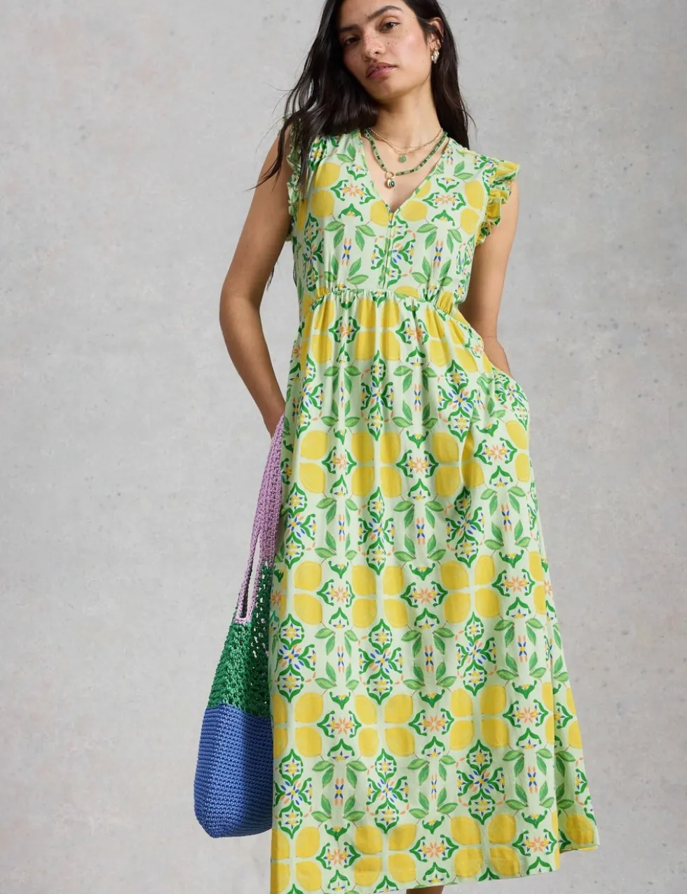 Pure Cotton Printed Midaxi Waisted Dress