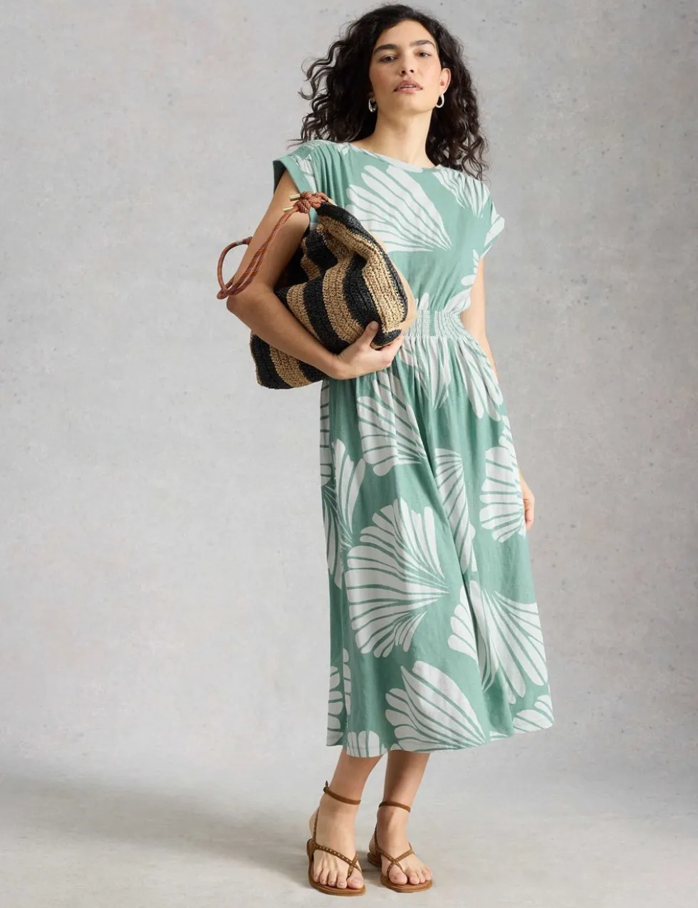 Pure Cotton Printed Midi Waisted Dress