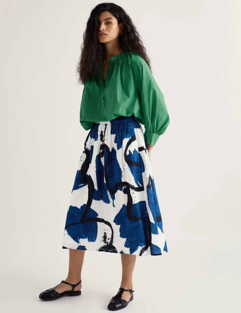 Pure Cotton Printed Midi A-Line Skirt