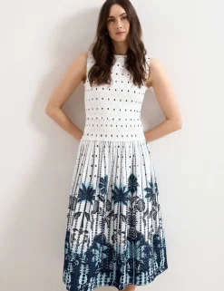 Pure Cotton Printed Midi Shirred Dress
