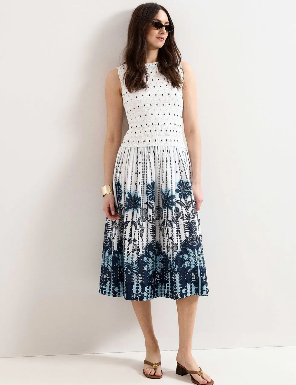 Pure Cotton Printed Midi Shirred Dress