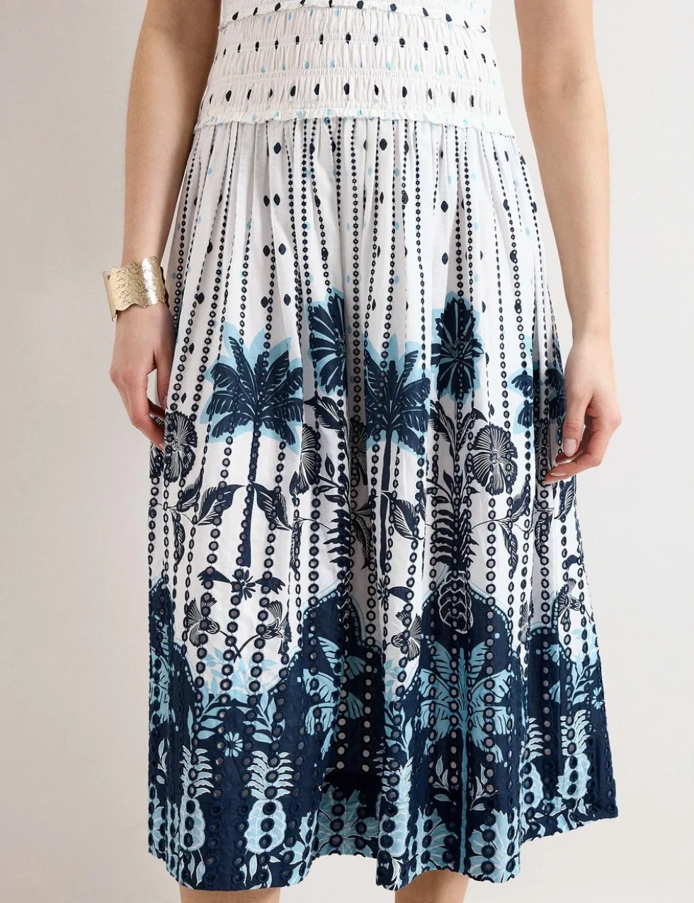 Pure Cotton Printed Midi Shirred Dress