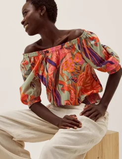 Pure Cotton Printed Off The Shoulder Top