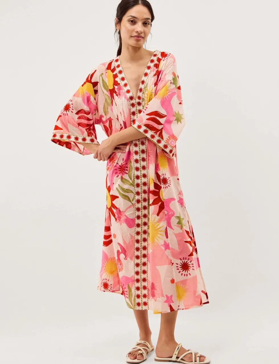 Pure Cotton Printed V-Neck Midi Kaftan Dress