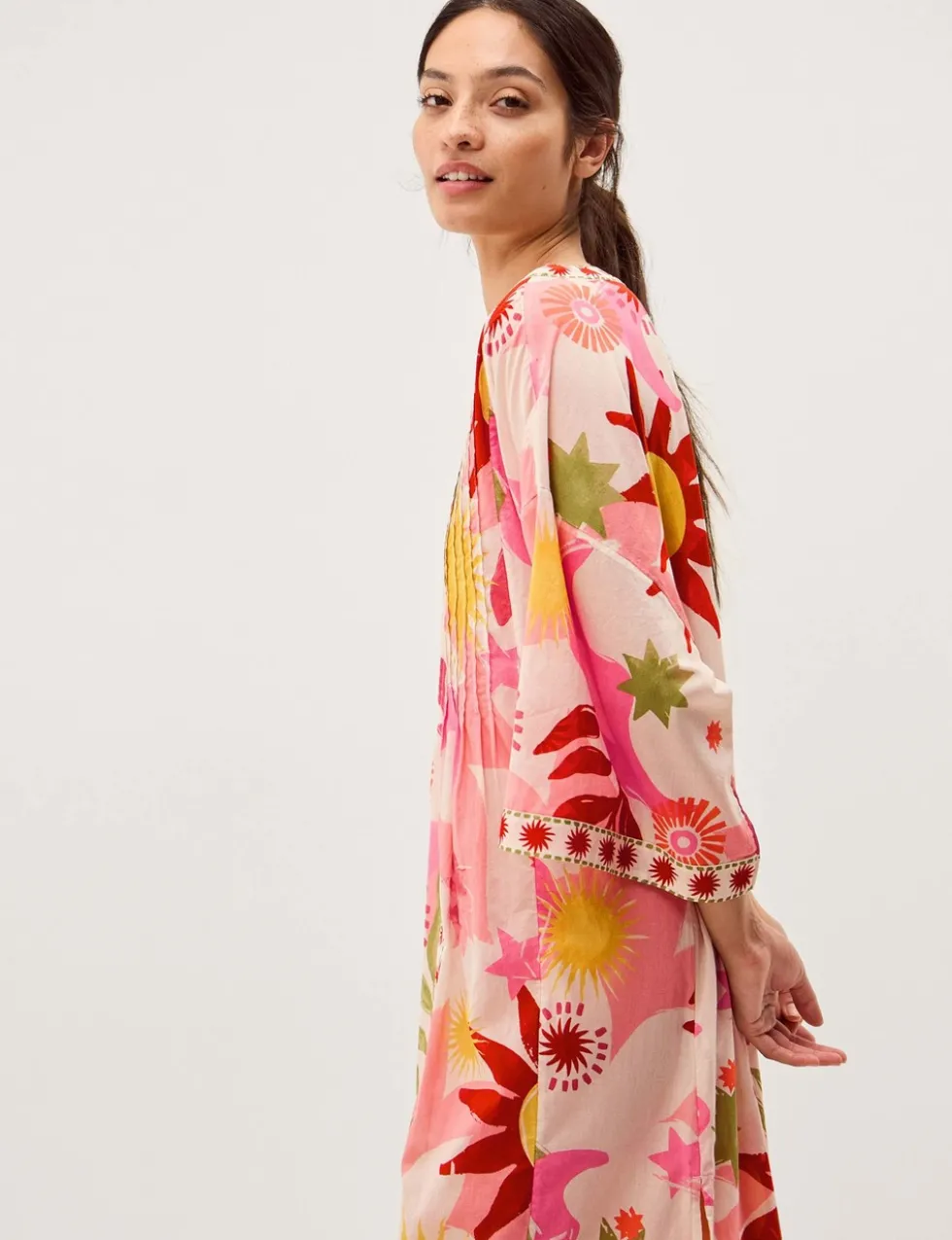 Pure Cotton Printed V-Neck Midi Kaftan Dress