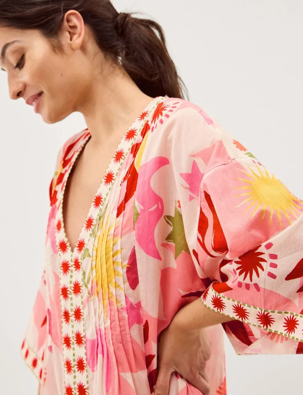 Pure Cotton Printed V-Neck Midi Kaftan Dress