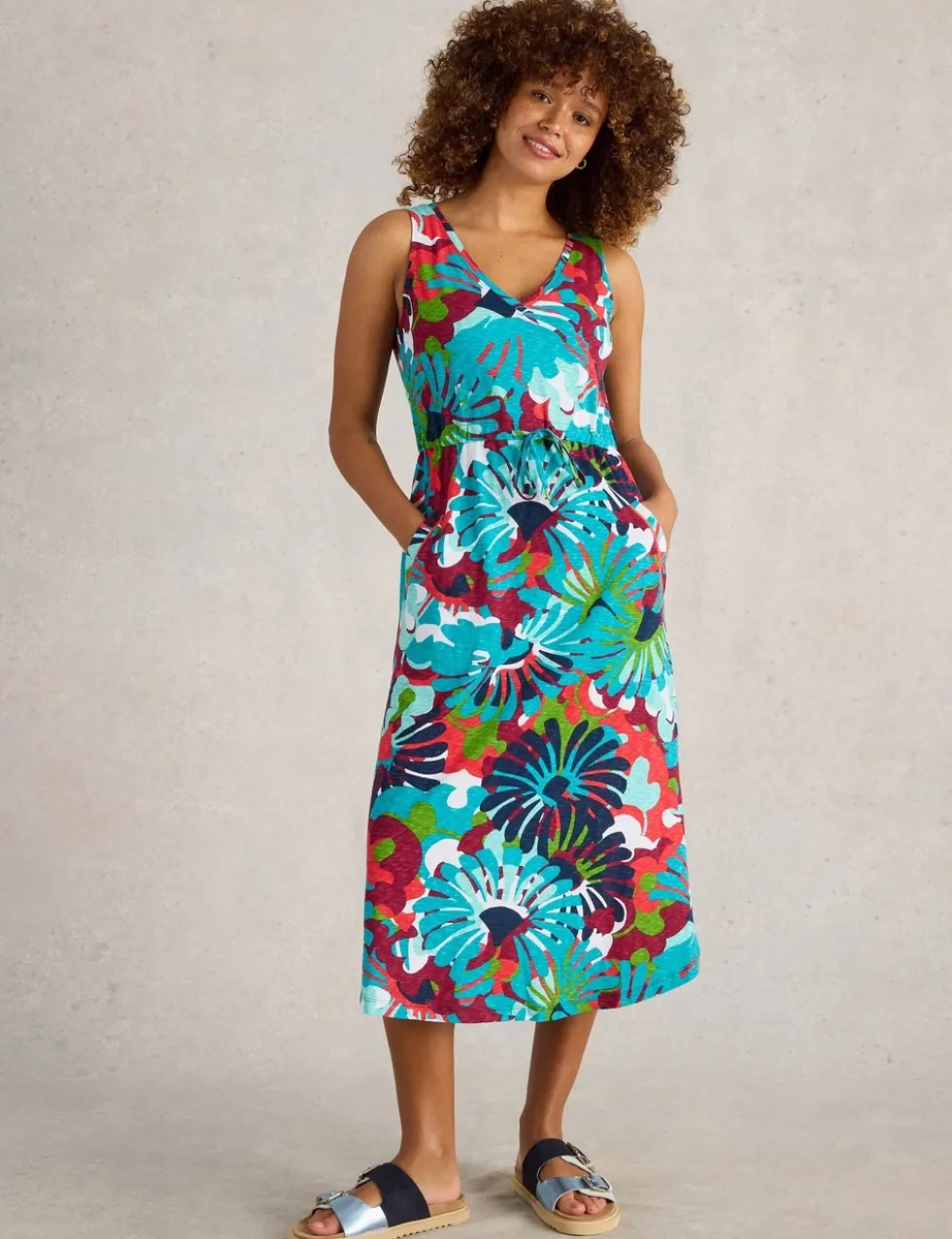 Pure Cotton Printed V-Neck Midi Beach Dress
