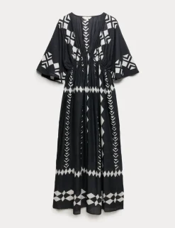 Pure Cotton Printed V-Neck Sheer Kaftan
