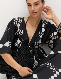 Pure Cotton Printed V-Neck Sheer Kaftan