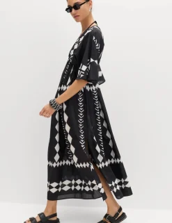 Pure Cotton Printed V-Neck Sheer Kaftan