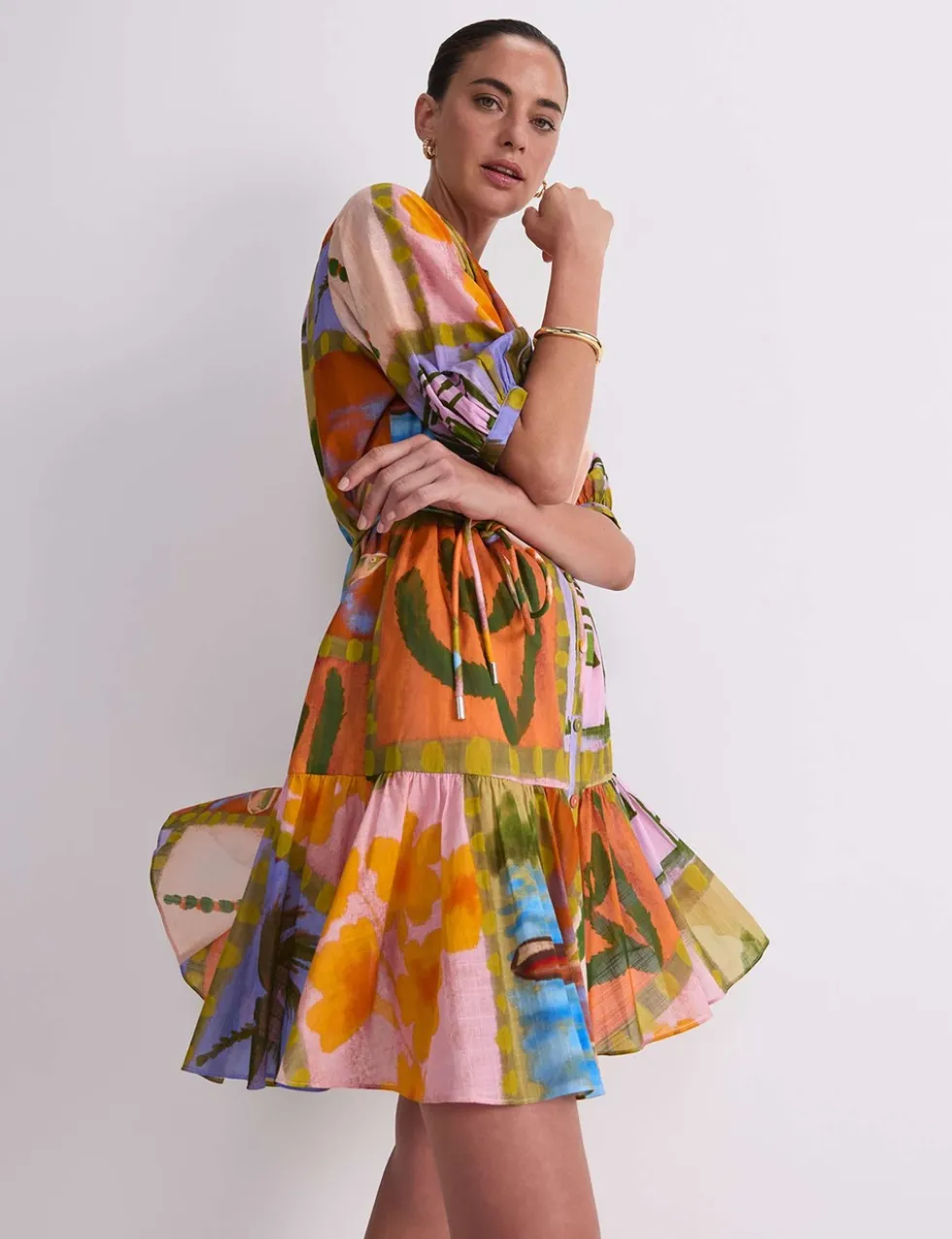 Pure Cotton Printed V-Neck Mini Dress