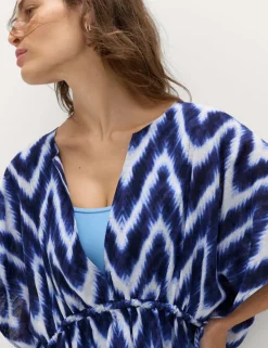 Pure Cotton Printed V-Neck Mini Kaftan Dress