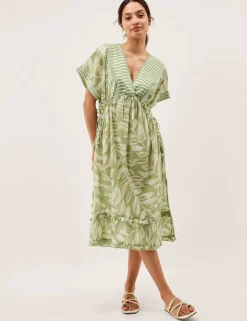 Pure Cotton Printed V-Neck Midi Beach Dress