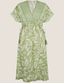 Pure Cotton Printed V-Neck Midi Beach Dress