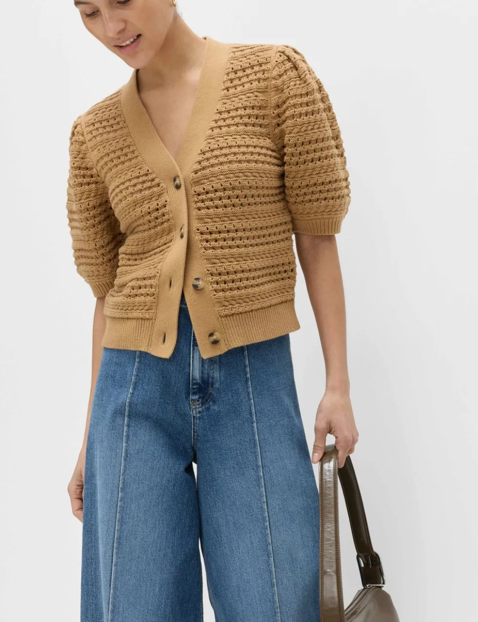 Pure Cotton Puff Sleeve Cropped Cardigan