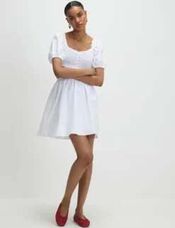 Pure Cotton Puff Sleeve Mini Shirred Dress