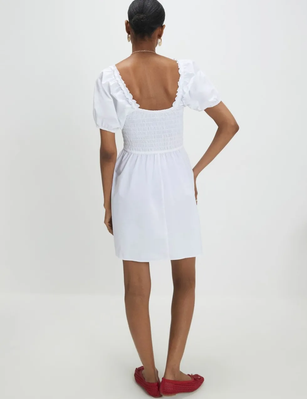 Pure Cotton Puff Sleeve Mini Shirred Dress