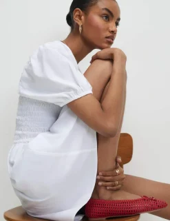 Pure Cotton Puff Sleeve Mini Shirred Dress