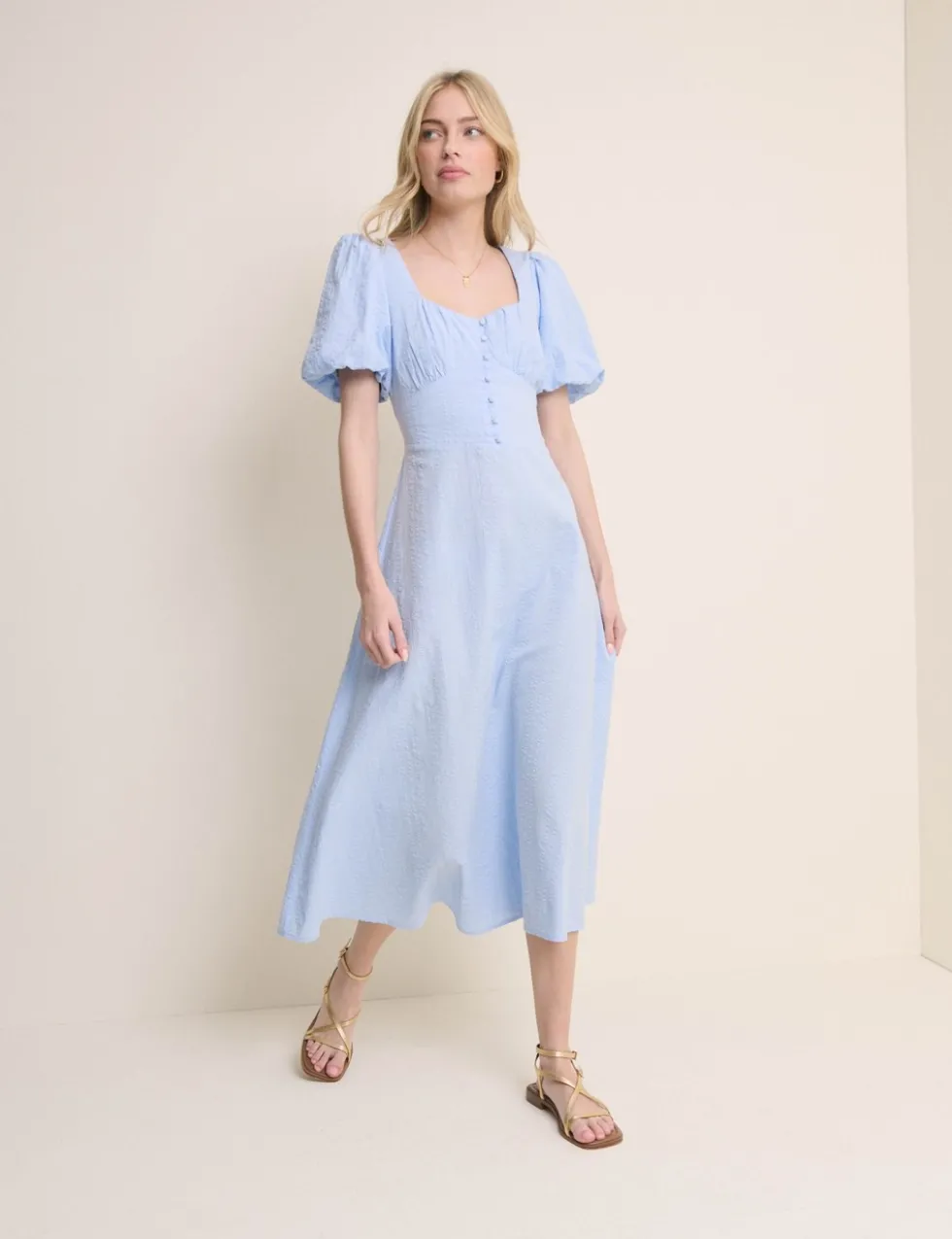 Pure Cotton Puff Sleeve Midi Tea Dress