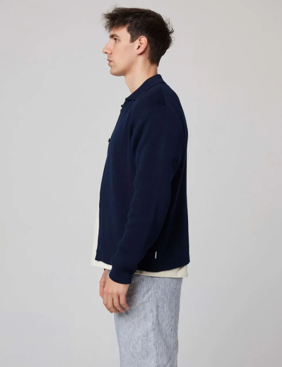 Pure Cotton Ribbed Collared Neck Cardigan