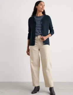Pure Cotton Ribbed Crew Neck Cardigan