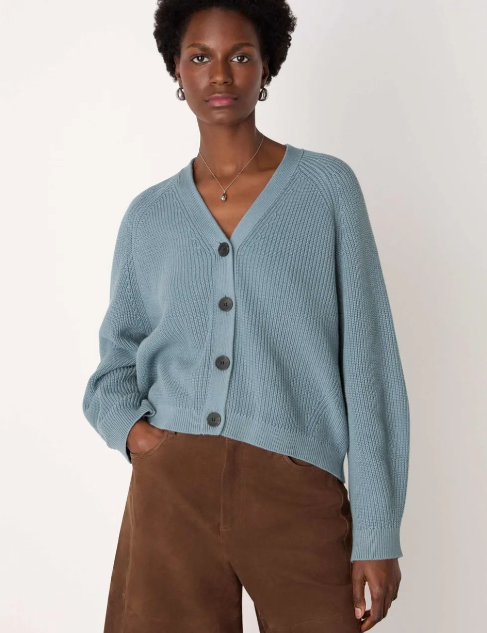 Pure Cotton Ribbed V-Neck Cardigan