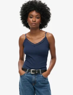 Pure Cotton Ribbed V-Neck Lace Trim Cami Top
