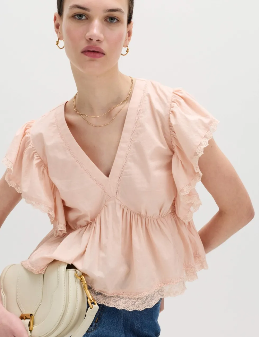 Pure Cotton Ruffle Embroidered Detail Blouse