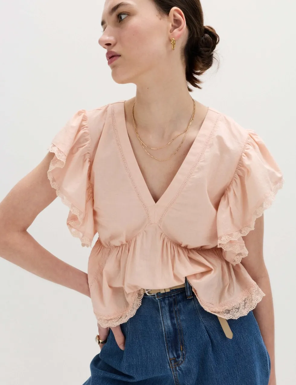 Pure Cotton Ruffle Embroidered Detail Blouse
