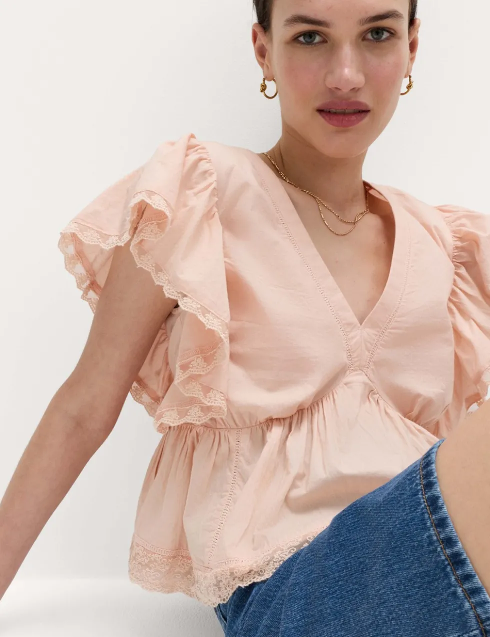 Pure Cotton Ruffle Embroidered Detail Blouse