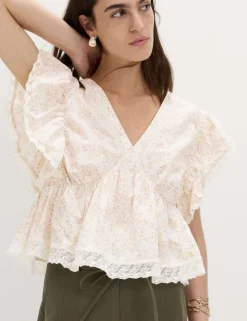 Pure Cotton Ruffle Embroidered Detail Blouse