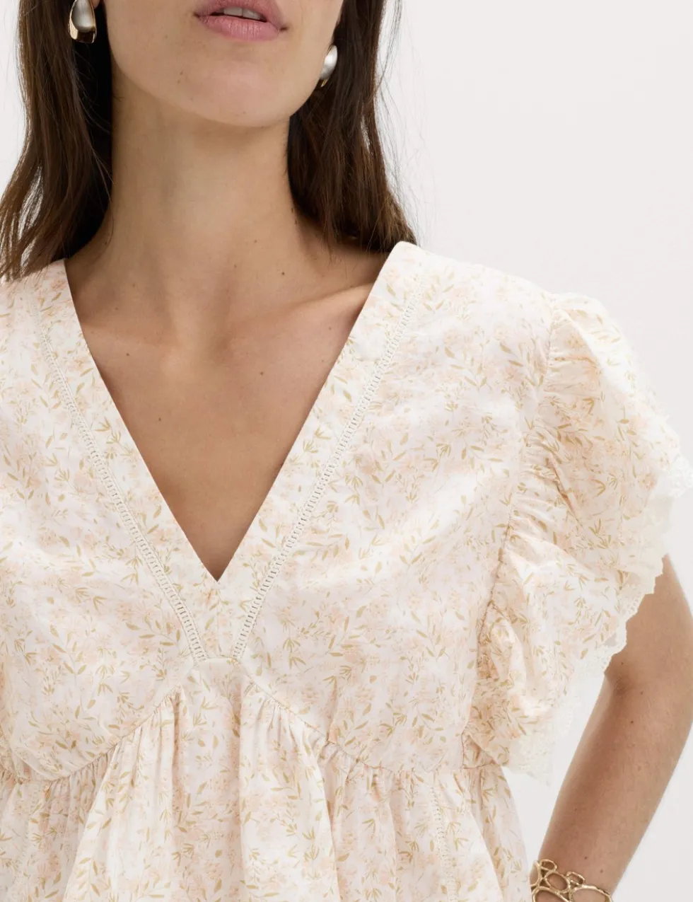 Pure Cotton Ruffle Embroidered Detail Blouse