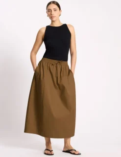 Pure Cotton Sateen Drawstring Midi Skirt