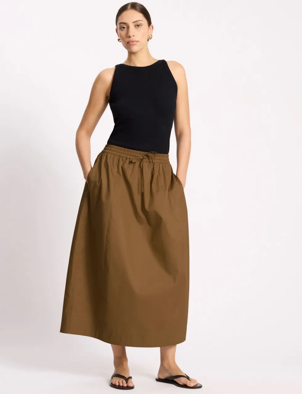 Pure Cotton Sateen Drawstring Midi Skirt